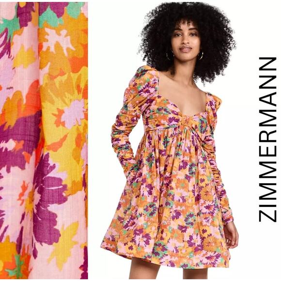 Zimmermann Violet Twist Front Mini Dress Mustard Multi Floral Orange Sz 4 - Picture 11 of 16